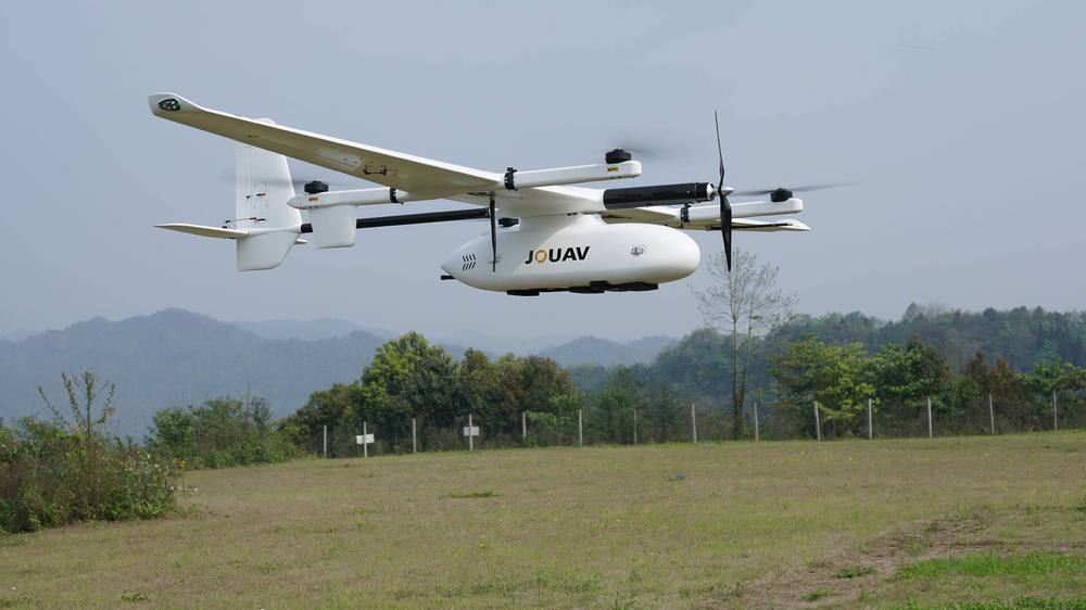 Long-range VTOL fixed-wing patrol drone in flight