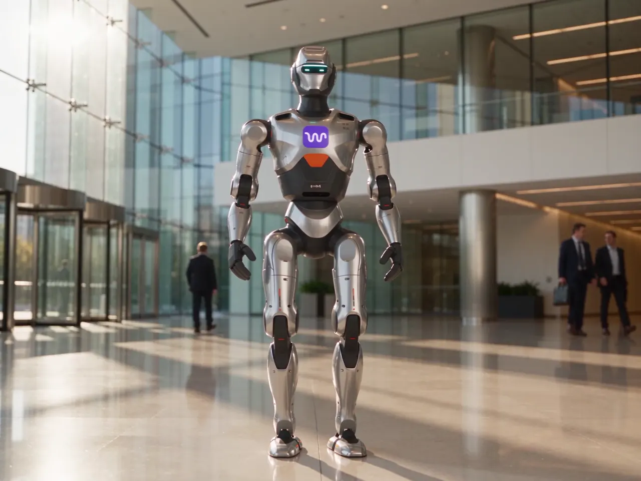 Sentriqa robots at work — humanoid, floor scrubber, car-park sweeper and patrol quadruped